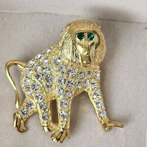 Gold and Crystal Monkey Brooch Pin